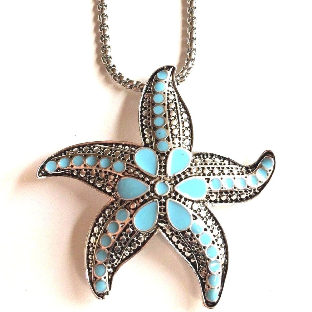 Aqua Starfish ID Badge Holder Lanyard Necklace Silver Tone Island Sea Life 33"